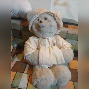 Adorable Beige Lady Bear with Bonnet